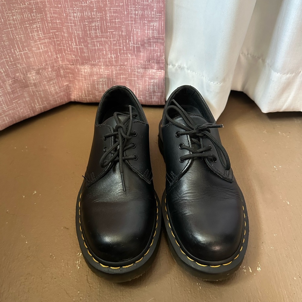 Dr. Martens Black Leather Oxfords with Yellow Stitching